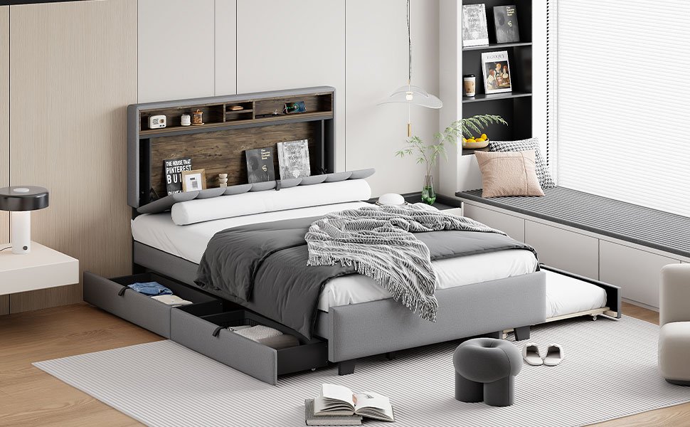 Full Size Upholstered Platform Bed With Storage Headboard, Twin Size Trundle & 2 Drawers And A Set Of Sockets & USB Ports - Gray - Image 13