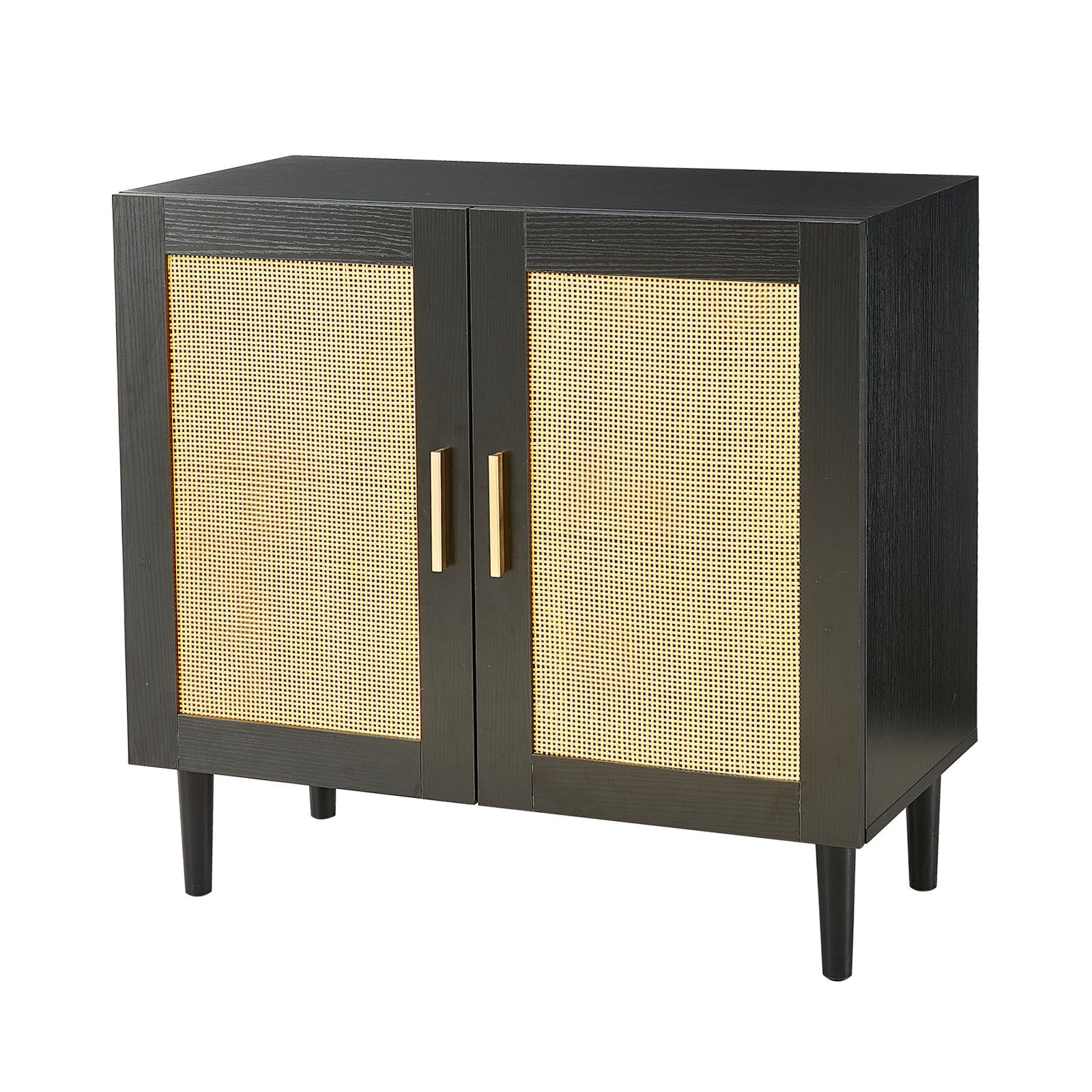 Side Panel Buffet Cabinet With Natural Rattan Door, Rattan Storage Cabinet With Adjustable Shelves, Side Panel And Buffet With Storage Space, Modern Console Cabinet In Bedroom And Living Room - Black / Beige - Image 6