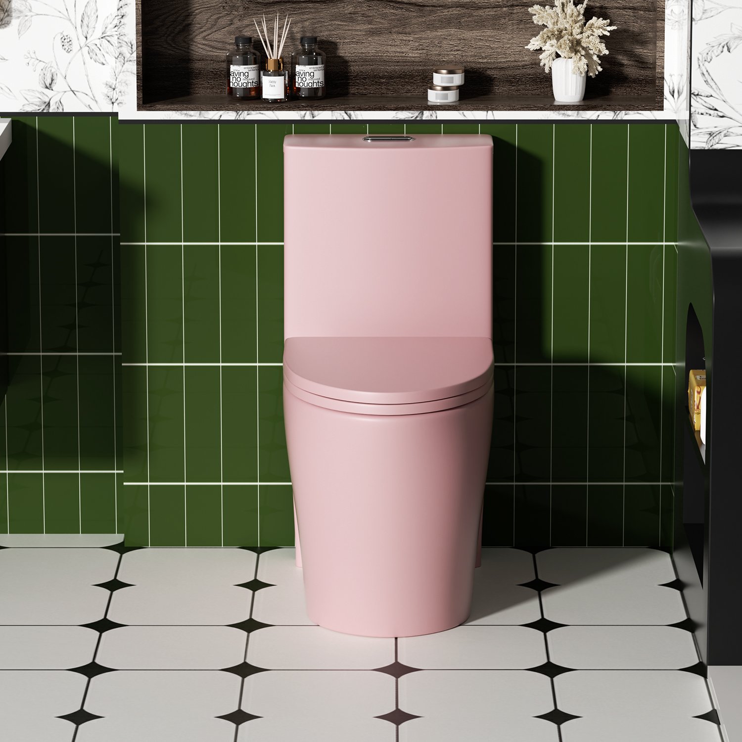 Fan Shaped Design 1 Piece Toilet With Elongated Bowl And Soft Close Seat, Dual Flush 1.1 / 1.6 Gpf - Pink Flower - Image 5