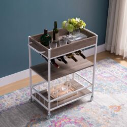 Rolling Kitchen Cart With Three Tier Storage And Four Wine Bottle Rack - Brown / White Metal
