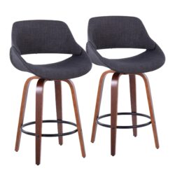 Fabrico - Mid-Century Modern Fixed Height Counter Stool & Round Footrest (Set of 2) - Walnut / Charcoal
