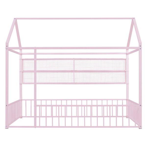 Full Size Bed House Frame With Fence And Shelves - Pink