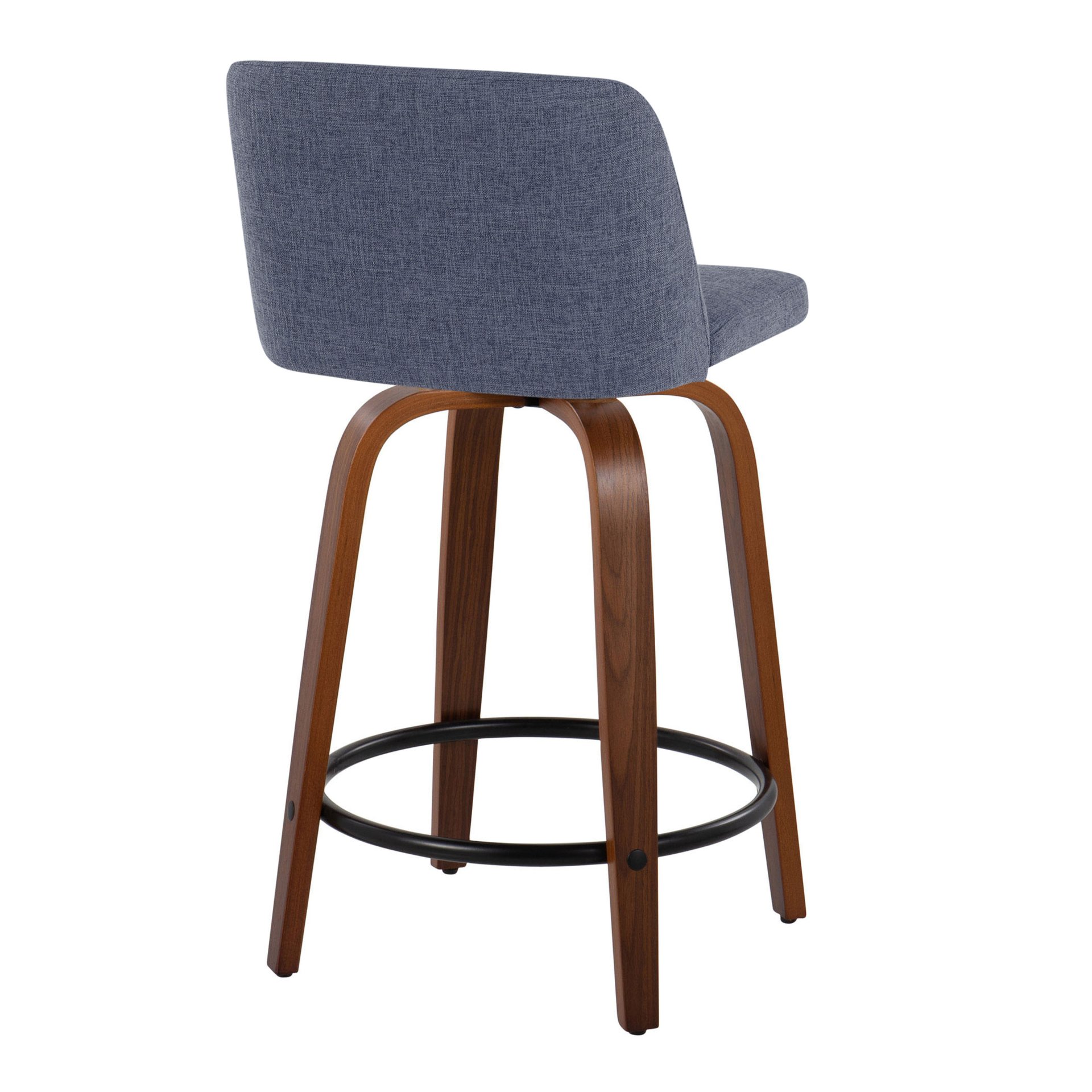 Toriano - Mid-Century Modern Fixed Height Counter Stool & Swivel With Round Footrest (Set of 2) - Walnut / Blue - Image 4
