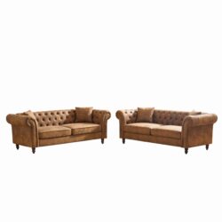 Chesterfield 3 And 3 Seater Sofa Set High Tech Fabric Roll Armrest Upholstered Couch - Brown