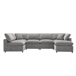 Modern Modular Cloud Sofa Bed, 6 Seat Chenille Sectional Couch Set With Ottoman, Free Combination, Convertible U Shaped Sleeper Sofa - Gray