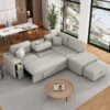 Sectional Sofa L-Shaped Sofa Couch Pull-Out Sofa Bed With A Movable Ottoman, Two USB Ports And Two Cup Holders For Living Room - Gray - Image 4