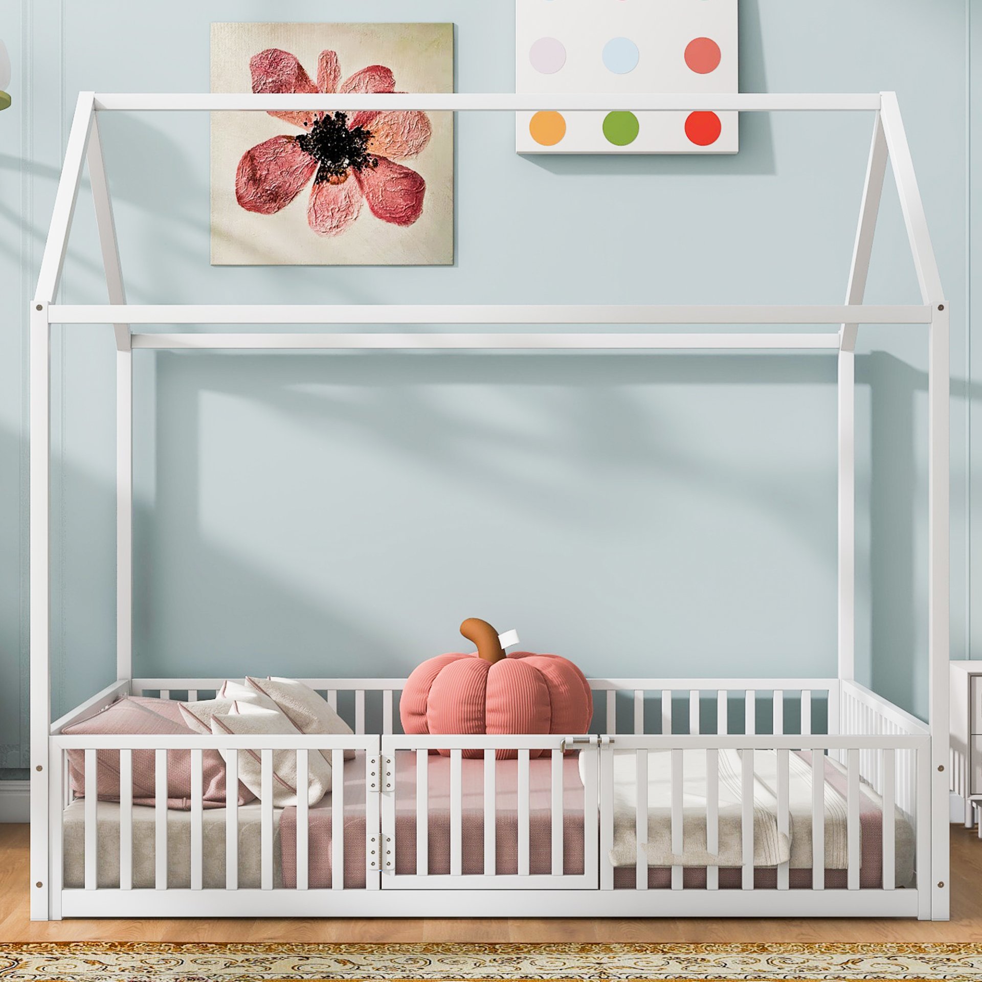 Full Size Metal House Bed With Fence And Door - White - Image 9