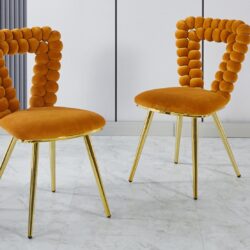 Modern Chair With Iron Tube Legs, Soft Cushions And Comfortable Backrest, Suitable For Dining Room, Living Room, Cafe, Hairball Back (Set of 2) - Orange / Gold