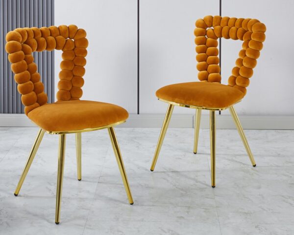 Modern Chair With Iron Tube Legs, Soft Cushions And Comfortable Backrest, Suitable For Dining Room, Living Room, Cafe, Hairball Back (Set of 2) - Orange / Gold