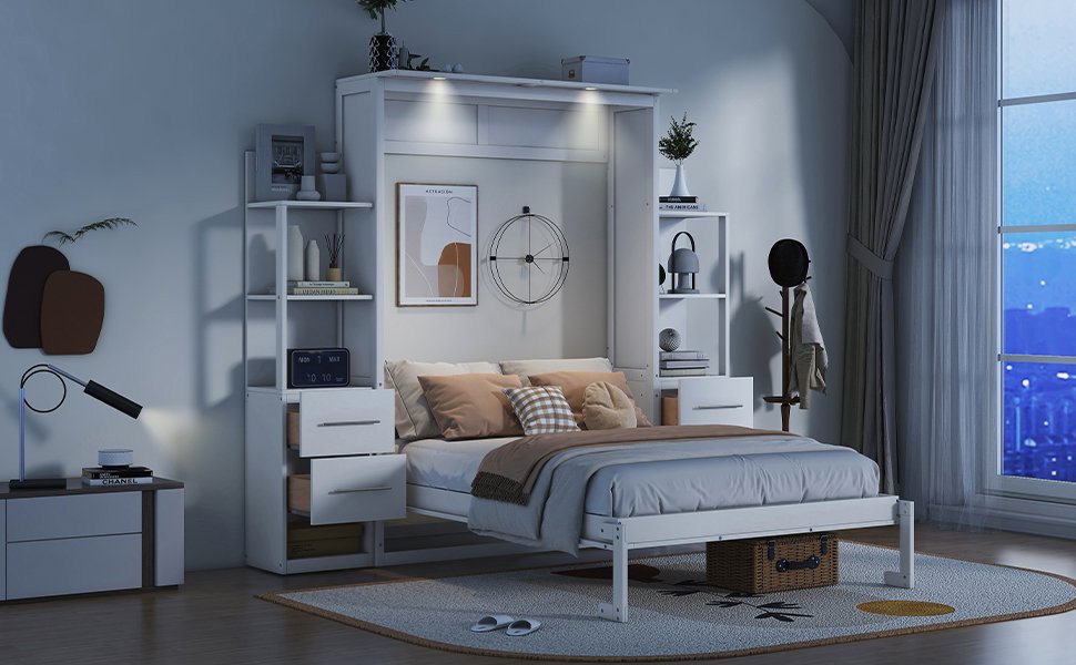 Full Size Murphy Wall Bed With Shelves, Drawers And LED Lights - White - Image 24