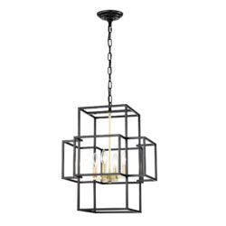 4 Light Metal Lantern Tiered Pendant Hanging Light Fixtures, Industrial Farmhouse Adjustable Height Chandeliers For Dining Room Hallway Foyer Entryway (E12 Bulbs Not Included) - Matte Black / Gold