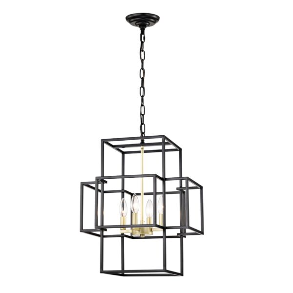 4 Light Metal Lantern Tiered Pendant Hanging Light Fixtures, Industrial Farmhouse Adjustable Height Chandeliers For Dining Room Hallway Foyer Entryway (E12 Bulbs Not Included) - Matte Black / Gold