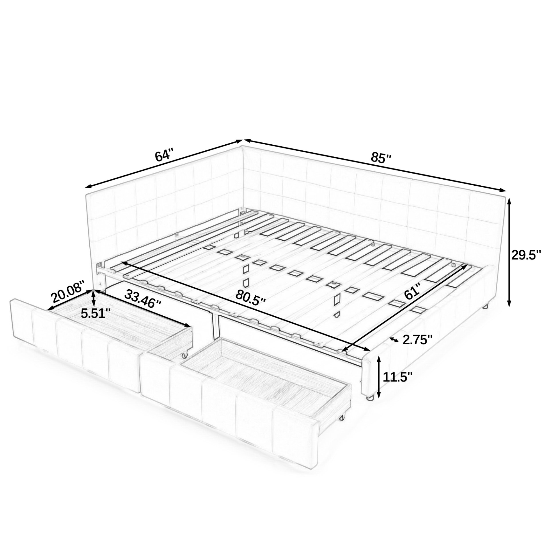 Mid Century Queen Size Storage Upholstered Tufted Bed Frame With Backrest And Armrests Velvet - Black - Image 2