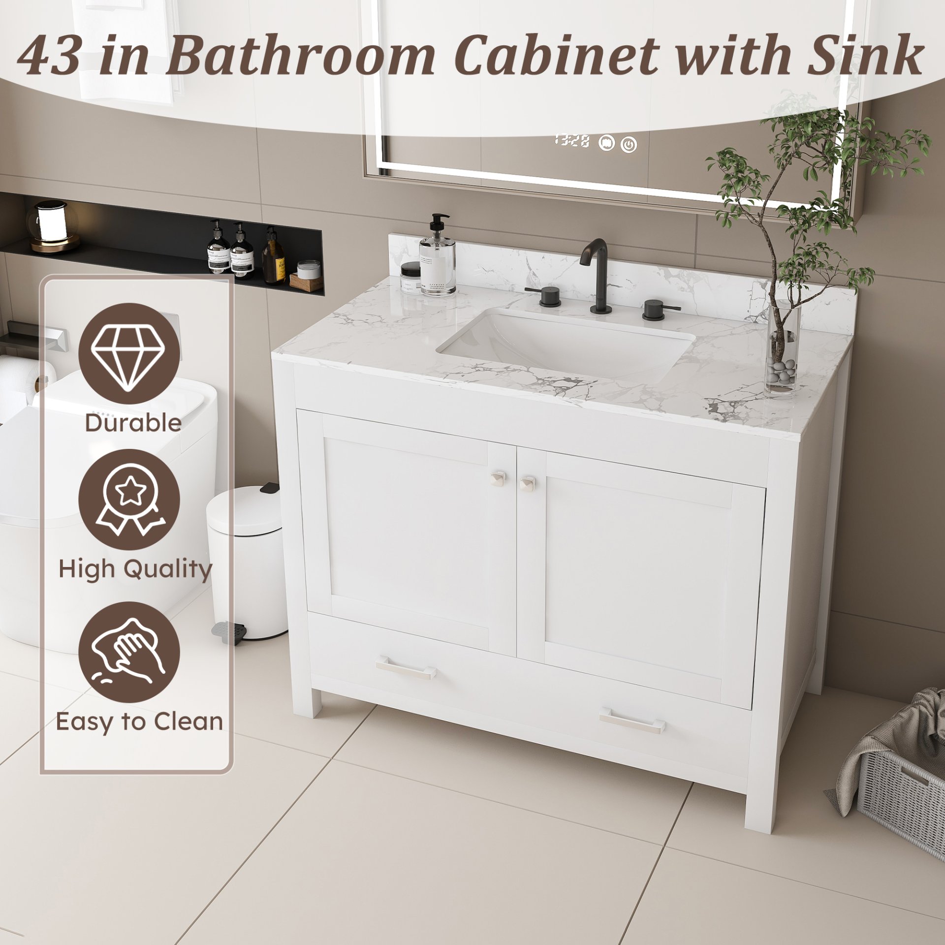 43" Bathroom Vanity With Artificial Marble Carrara Top Set, Multi Functional Bathroom Cabinet With Doors And Drawer - White - Image 6
