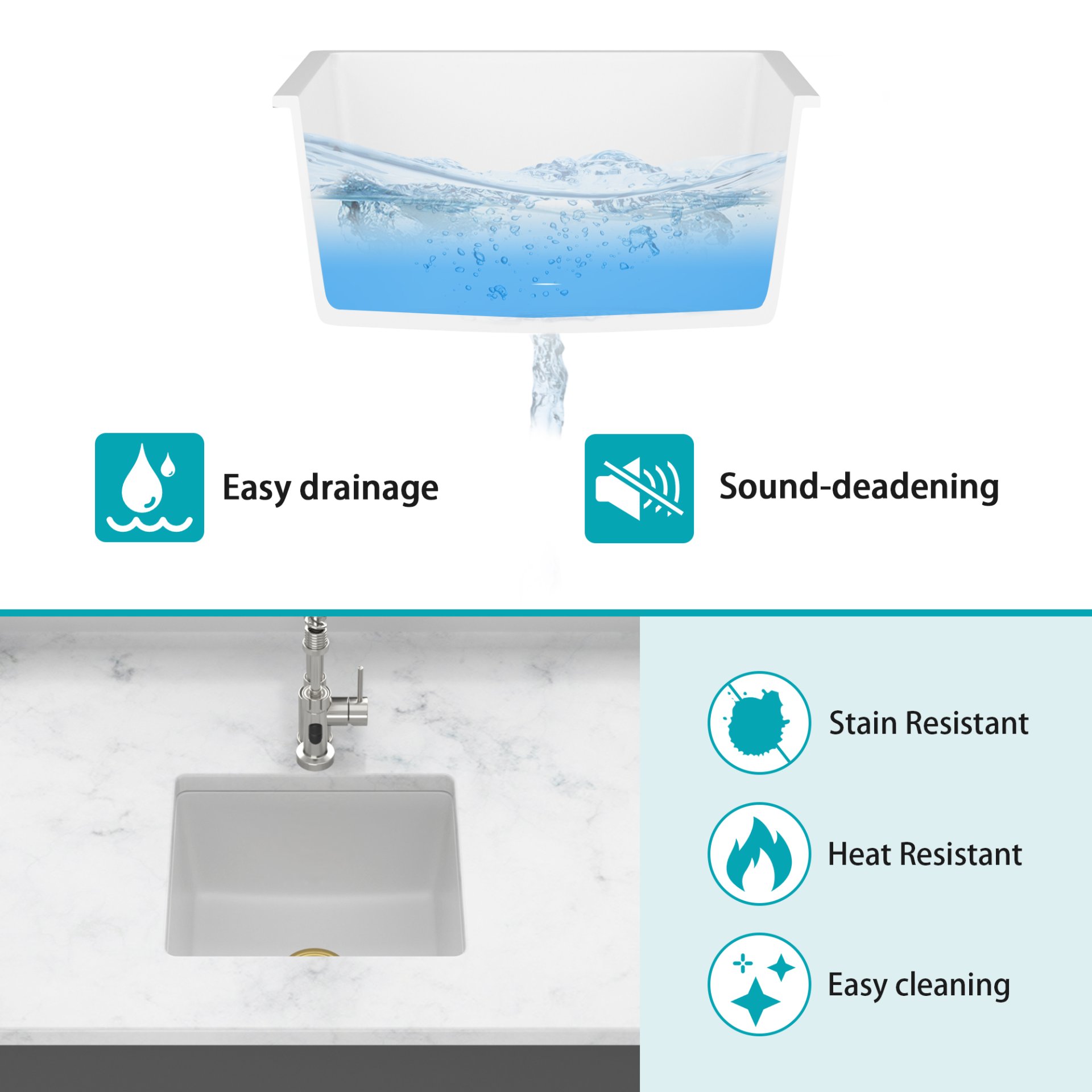 17.71" X 15.74" Elegant Quartz Kitchen Sink Undermount Granite Composite - White - Image 7