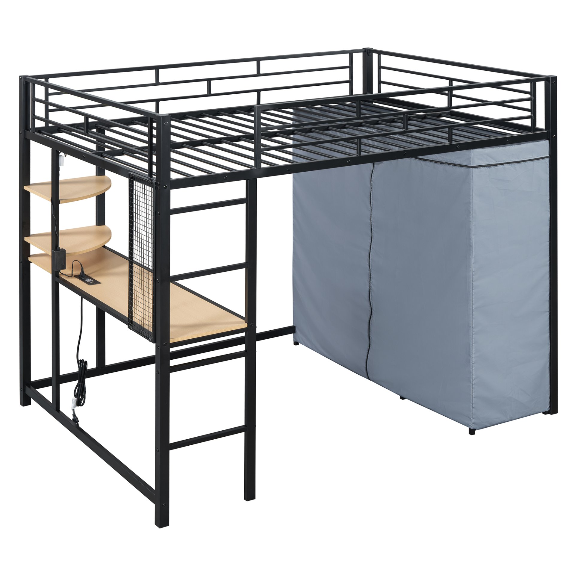 Full Size Loft Bed With Desk, Shelves, Power Outlet, LED Light And Wardrobe - Black - Image 3