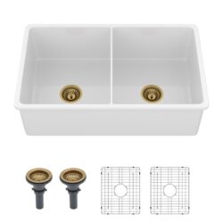 32" Undermount Double Bowl Kitchen Sink Rectangular Deep Dual Bas With Grids - White