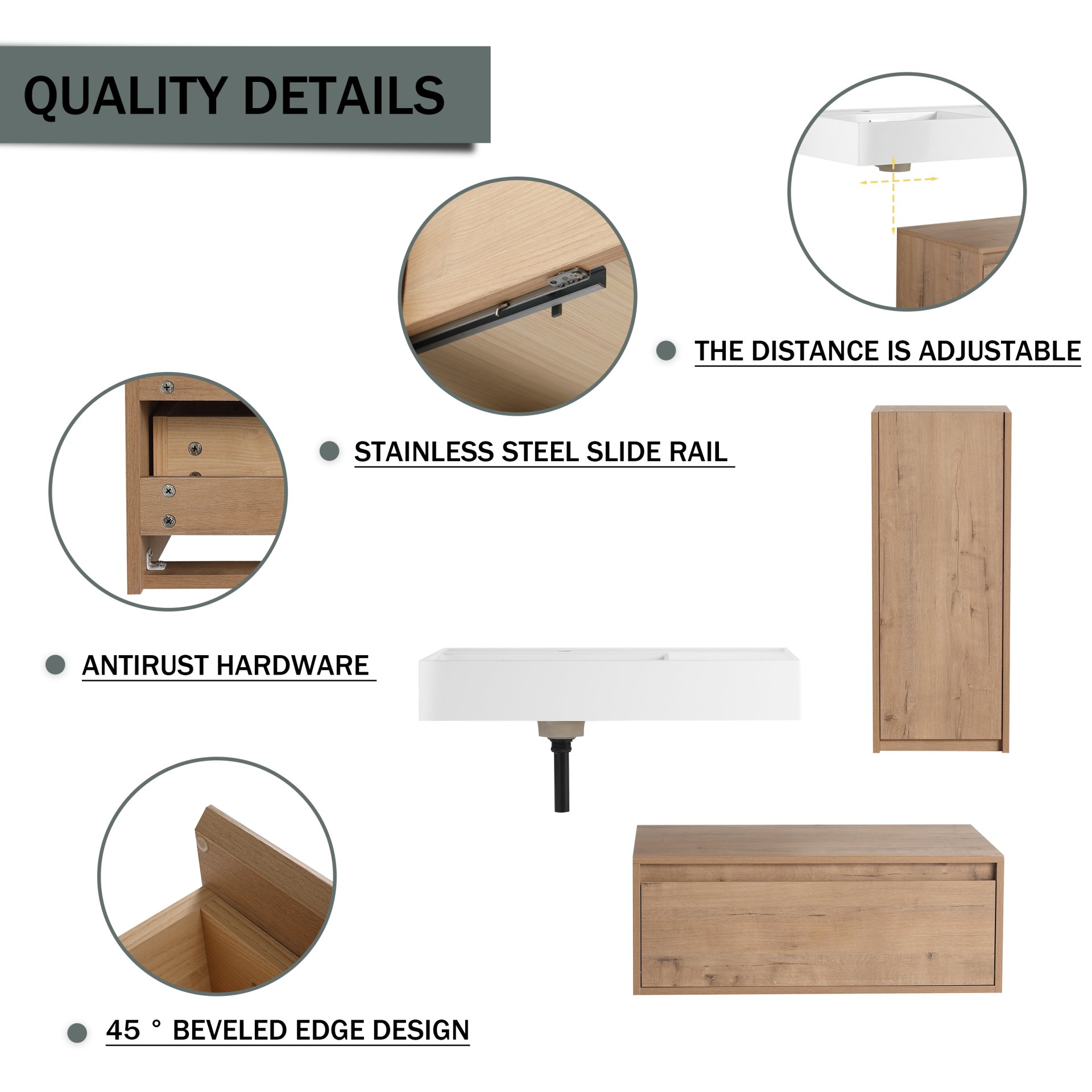 Modern Wall Mounted Bathroom Vanity With Resin Sink And Side Cabinet, Soft Close Drawer, Imitative - Imitative Oak - Image 7