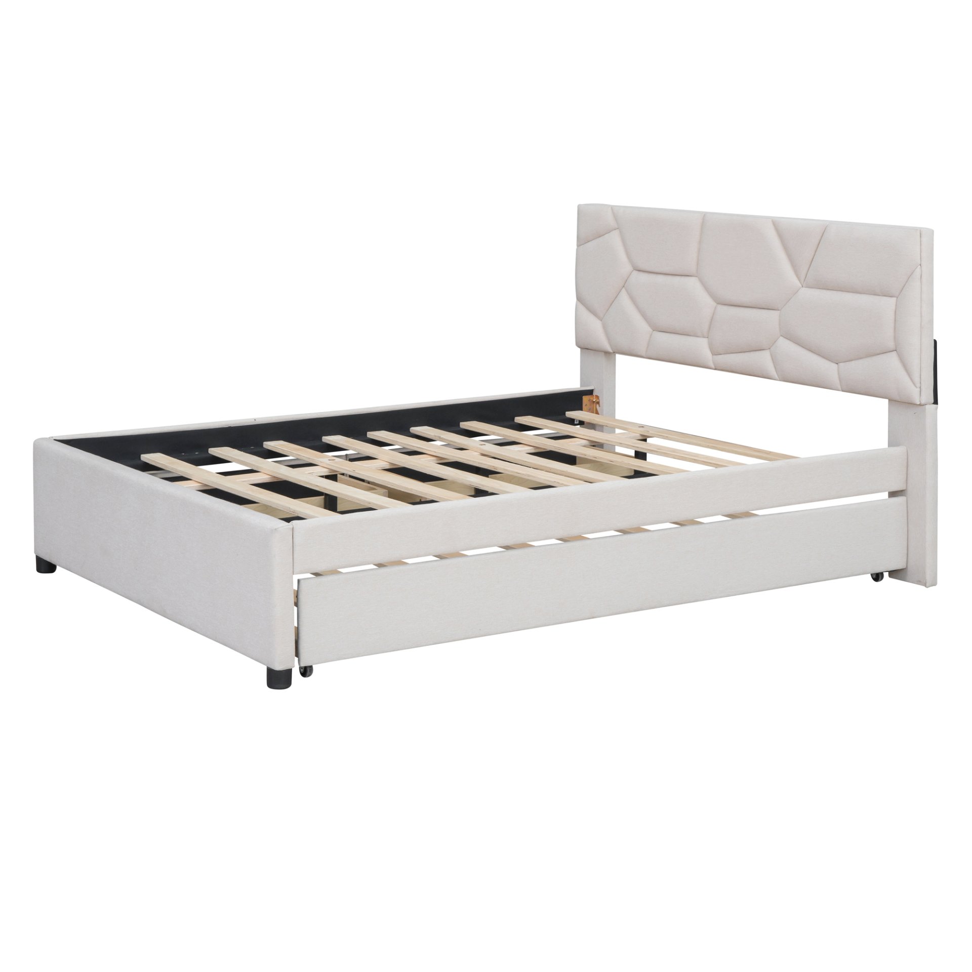 Full Size Upholstered Platform Bed With Brick Pattern Headboard, With Twin Size Trundle And 2 Drawers - Beige - Image 15