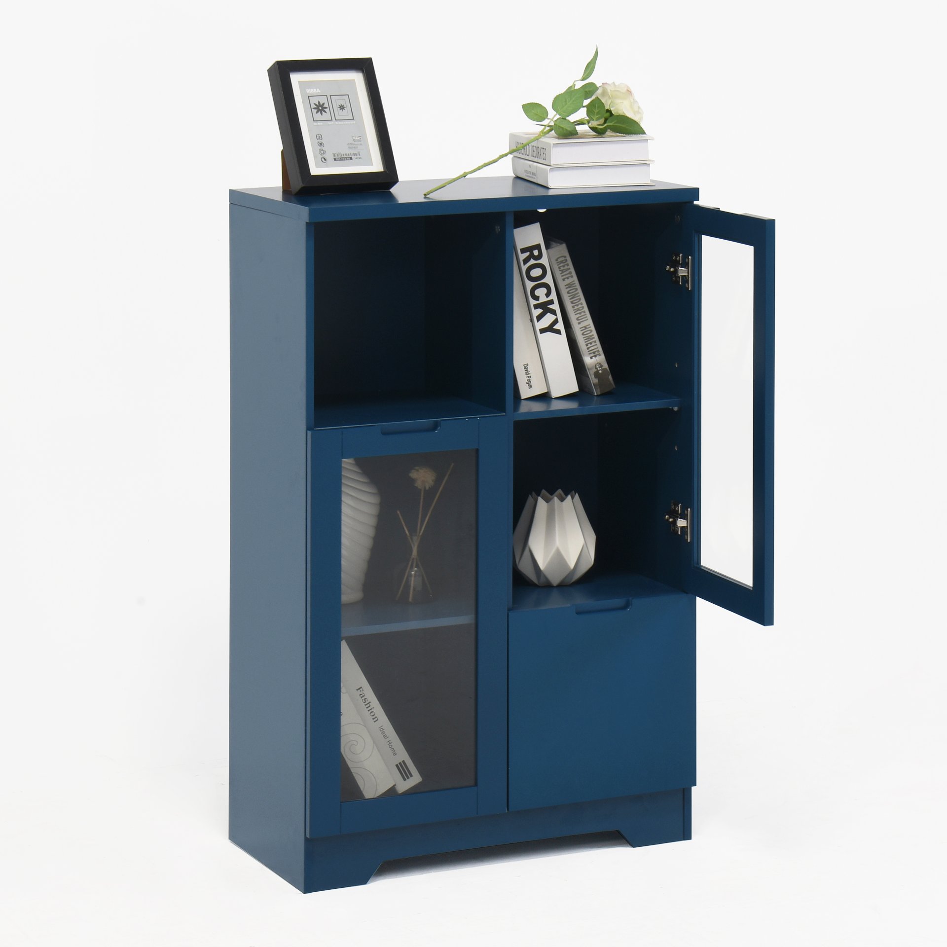 Painted Cabinet With Glass Doors, Drawer, And Open Storage Space For Bedroom And Living Room - Navy Blue - Image 16