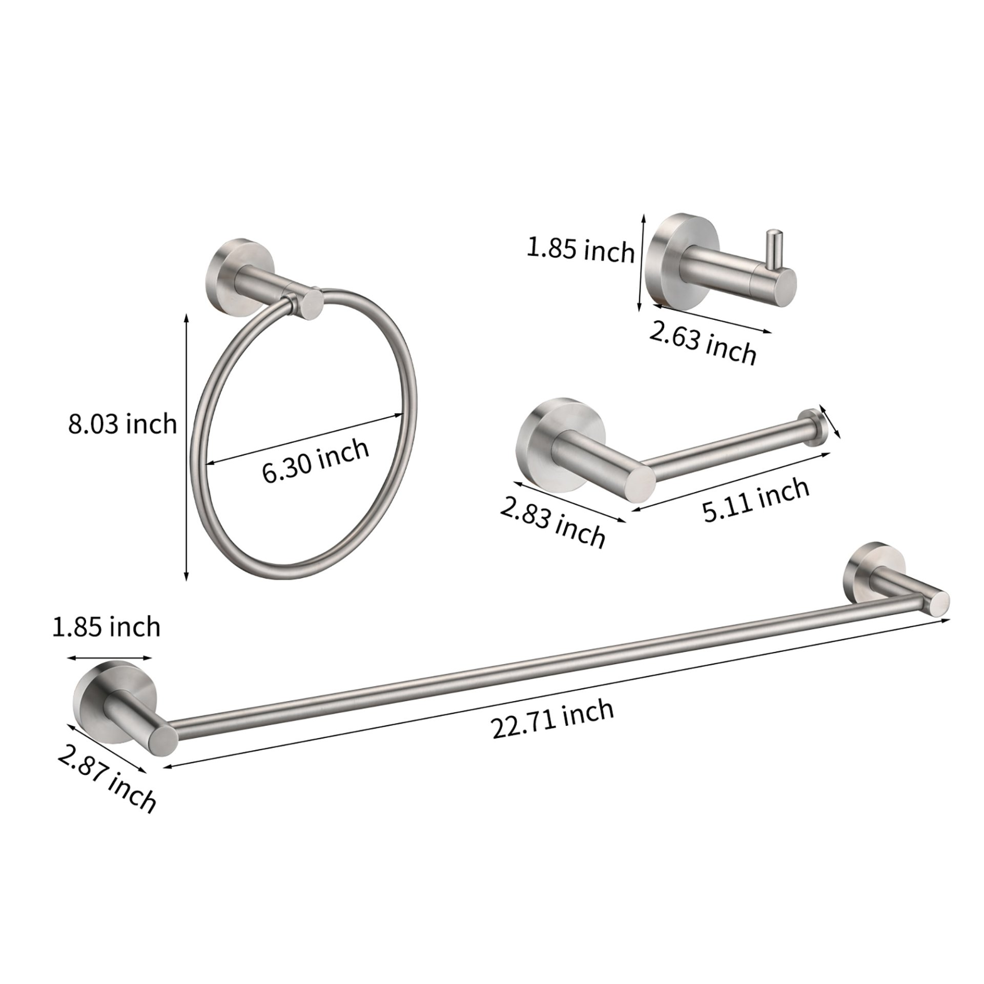 Bathroom Set 4 Pack With Towel Bar Racks, Toilet Paper Holder, Ring, Hook, Stainless Steel - Brushed Nickel - Image 3