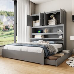 Full Size Platform Bed With USB, Storage Headboard & Drawers - Gray