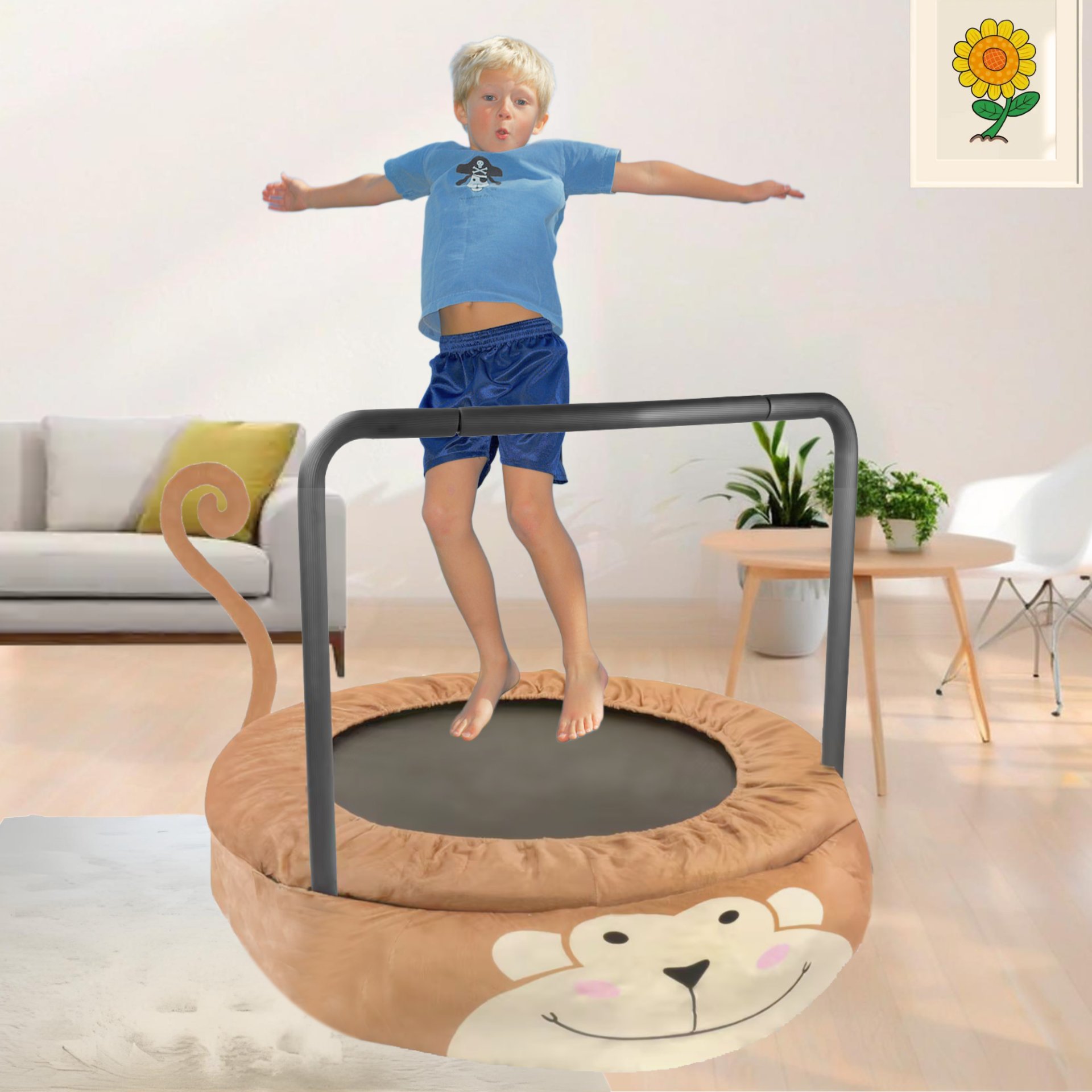 Monkey Children's Trampoline Happy Expression Outdoor / Indoor Dual Use, Foldable Iron Tube - Yellow / Black - Image 2