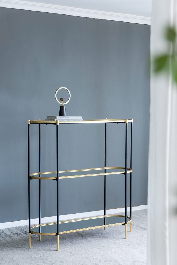 3 Tier Metal Console Table, Mirrored Shelf - Golden Black - Image 8