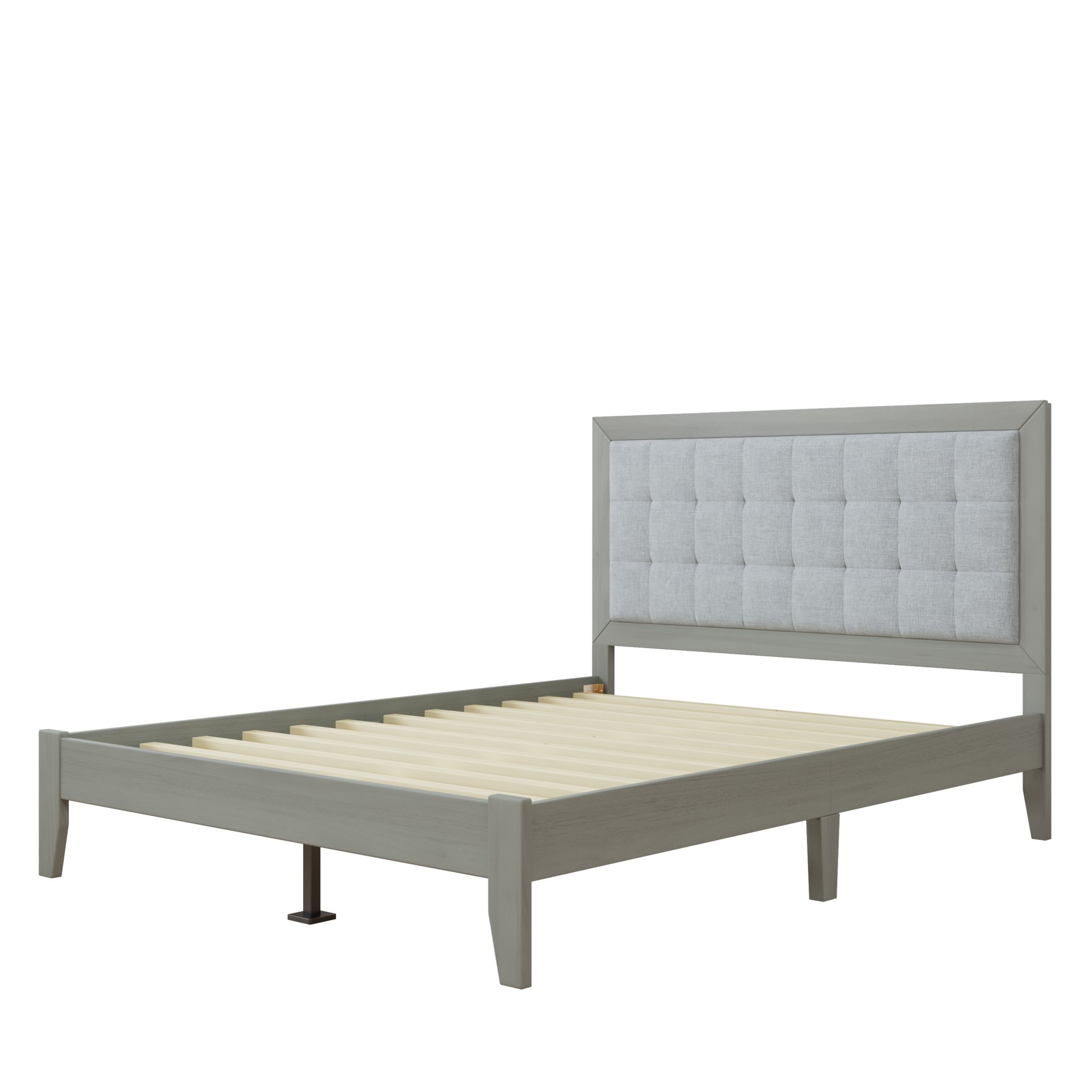 Queen Size Mid Century Modern Solid Wood Platform Bed With Upholstered Headboard - Gray - Image 11