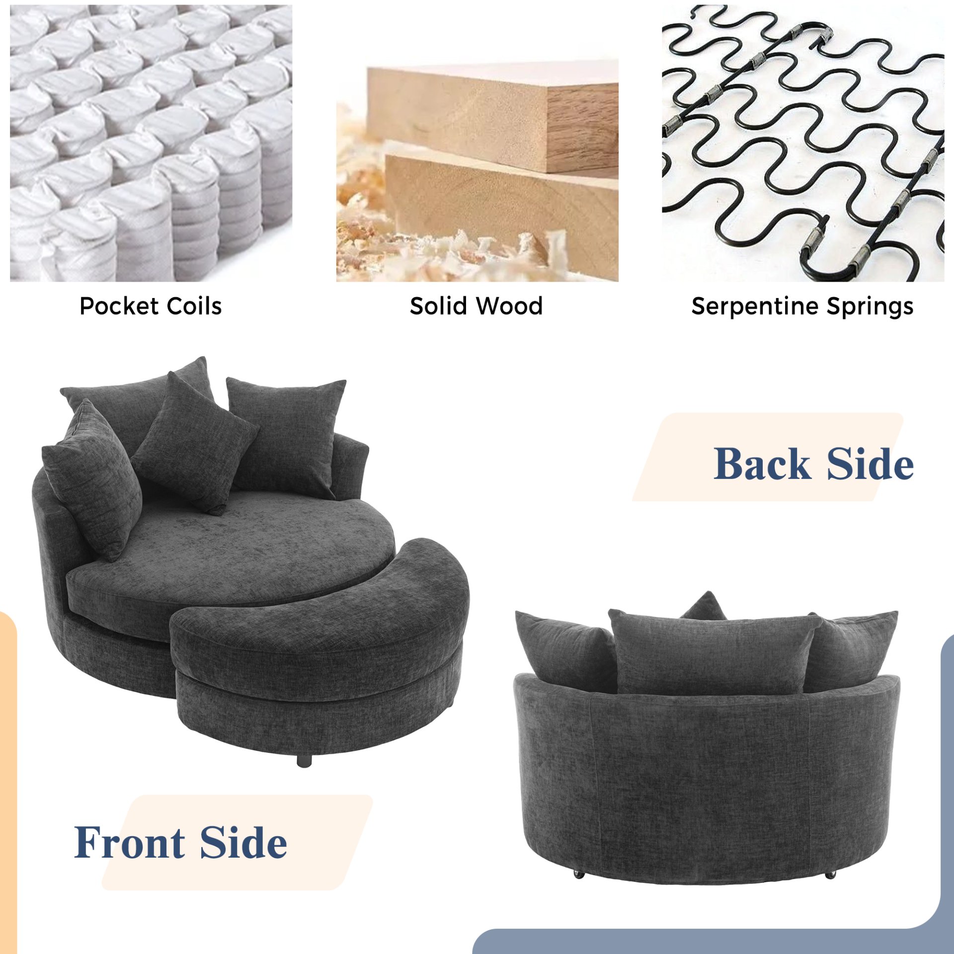 360° Swivel Accent Barrel Chair With Storage Ottoman & 4 Pillows, Modern Chenille Leisure Chair Round Accent For Living Room - Gray - Image 6