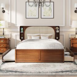 Queen Size Headboard Bed With 2 Drawers And Trundle Walnut