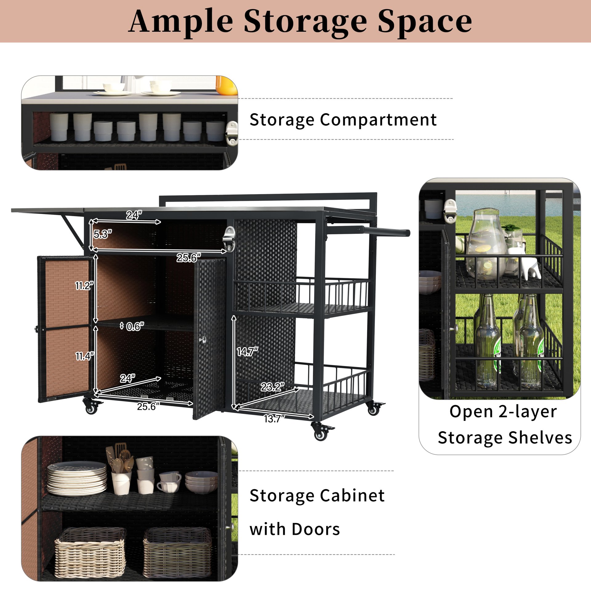 Outdoor Kitchen Island With Storage, Cooking Station, Grill Cart, Foldable Tabletop, And Bottle Opener - Dark Brown - Image 5