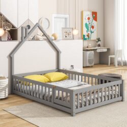 Full House-Shaped Headboard Floor Bed With Fence - Gray
