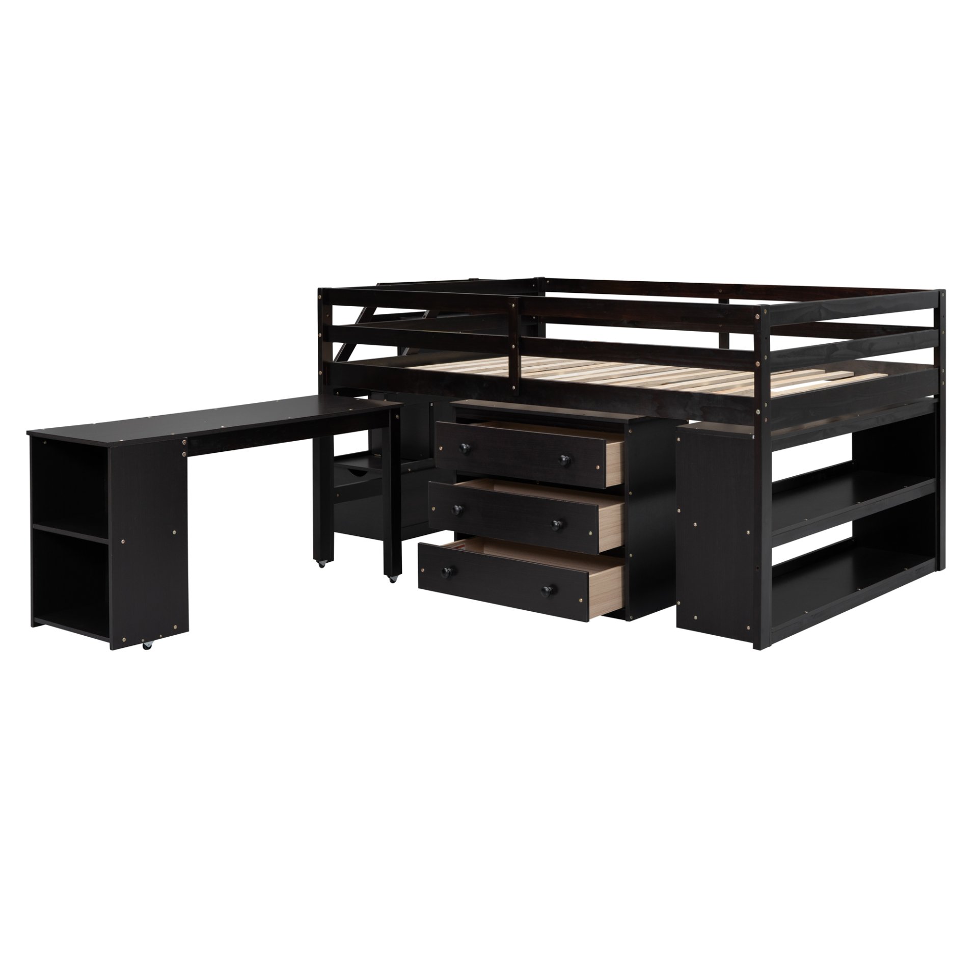Full Size Loft Bed With Retractable Writing Desk And 3 Drawers With Storage Stairs And Shelves - Espresso - Image 8