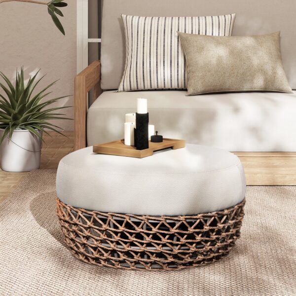 Willow - Round Upholstered Woven Patio Ottoman, Wicker Frame - Wheat Beige / Golden Brown