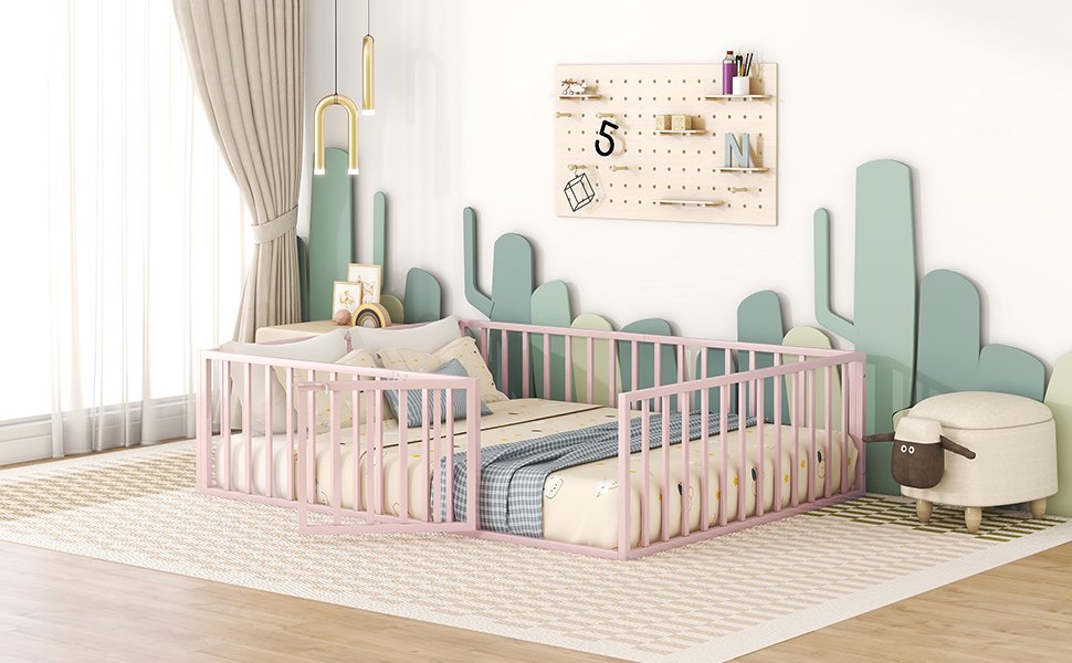 Queen Size Floor Bed Frame With Fence And Door - Pink - Image 12