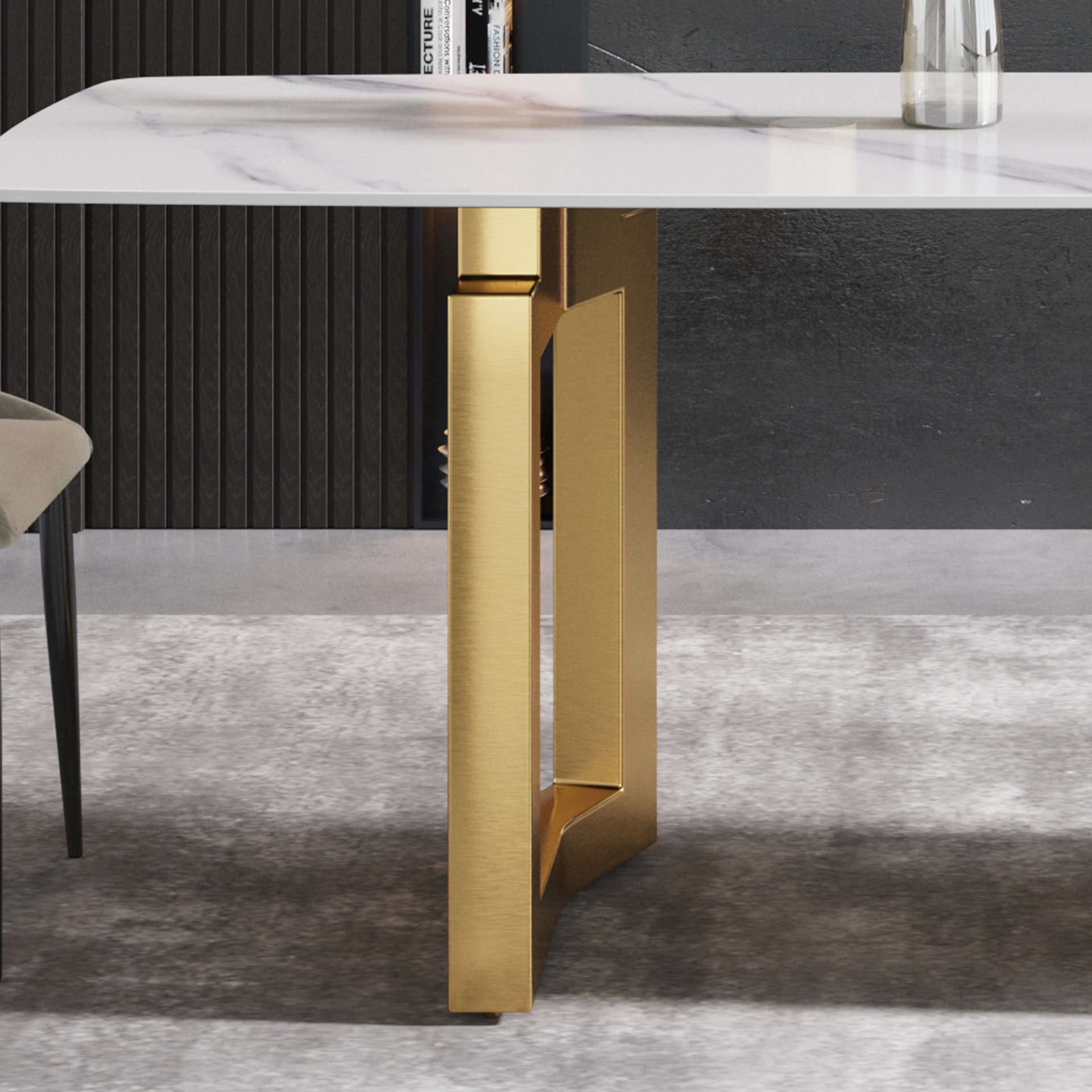 70.87" Modern Artificial Stone White Curved Metal Leg Dining Table - White / Gold - Image 11