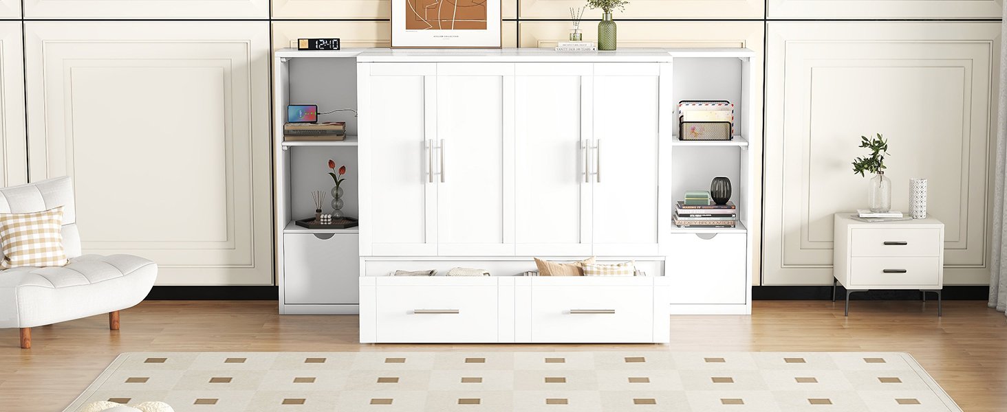 Queen Size Murphy Bed With Shelves, Drawers And USB Ports - White - Image 17