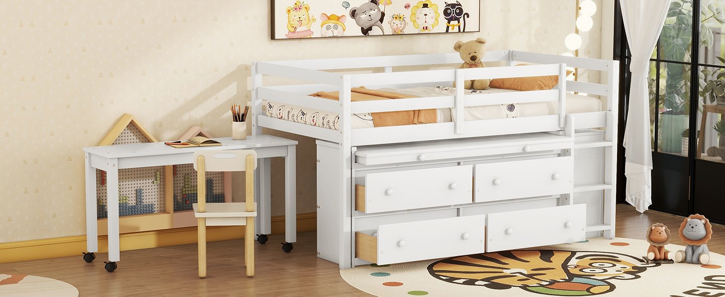 Twin Size Loft Bed With Retractable Writing Desk And 4 Drawers, With Lateral Portable Desk And Shelves - White - Image 22