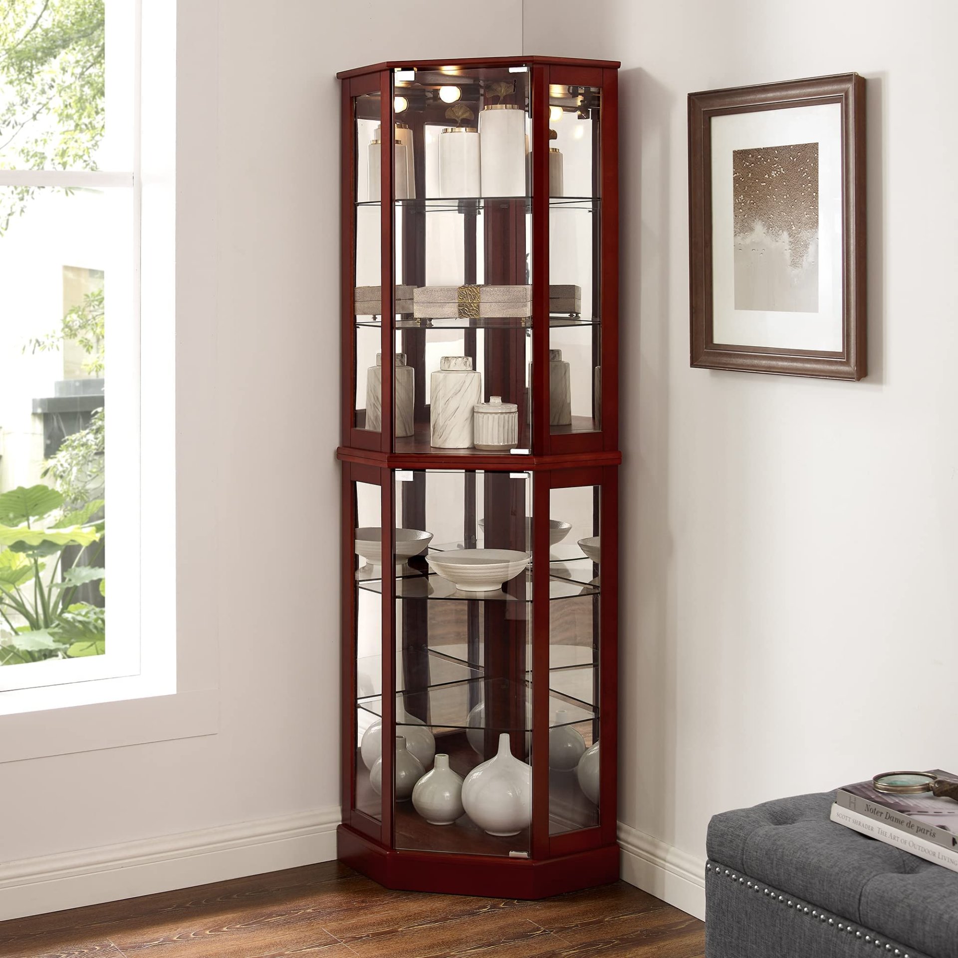 6 Shelf Corner Curio Display Cabinet With Lights, Mirrors And Adjustable Shelves (E26 Light Bulb Not Included) - Cherry - Image 5