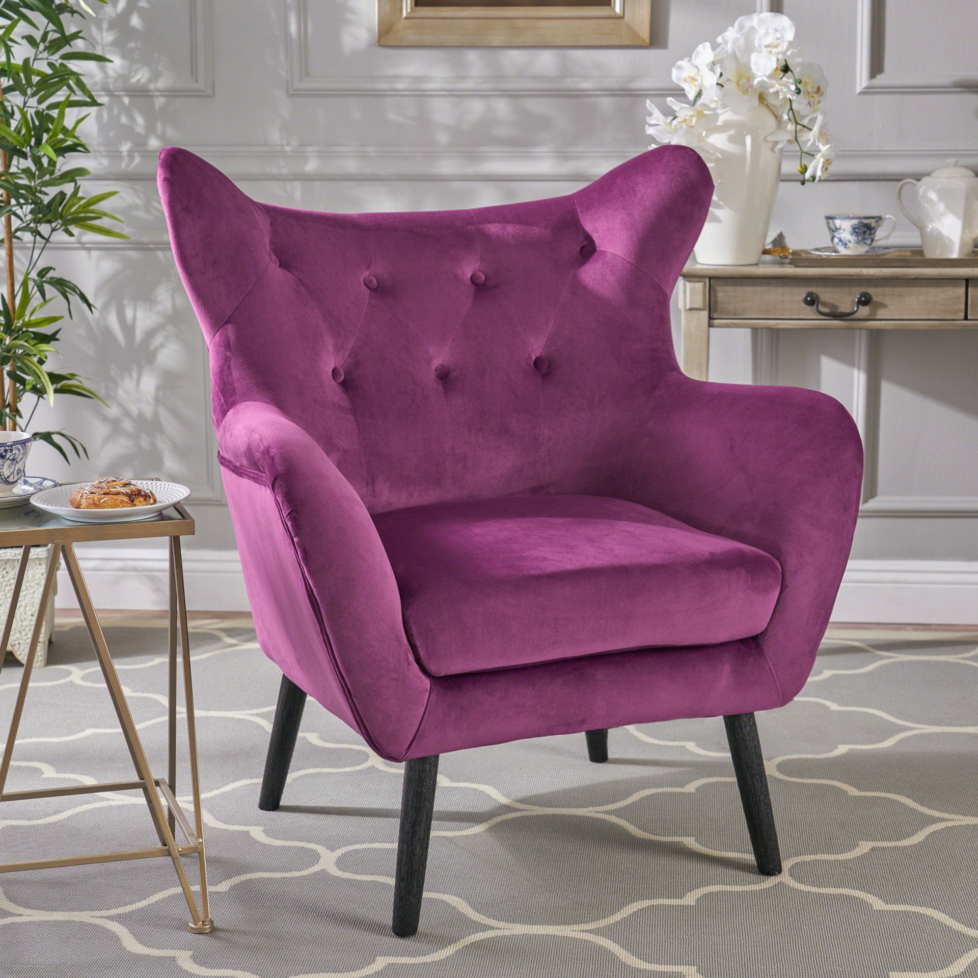 Alyssa - Velvet Arm Chair With Wingback Design - Fuchsia - Image 4