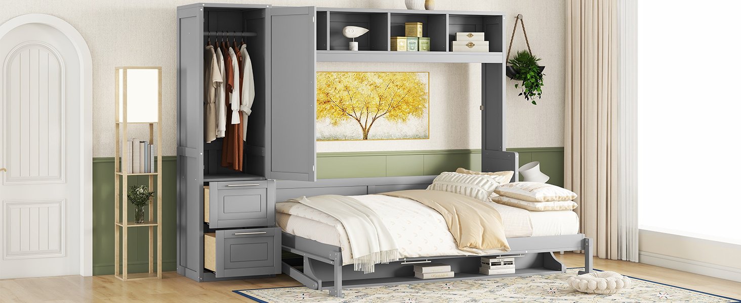 Queen Size Murphy Wall Bed With Closet And Drawers - Gray - Image 20
