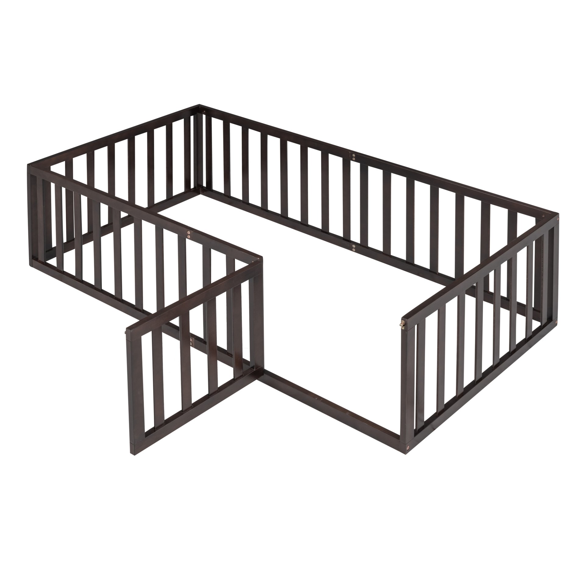 Twin Size Floor Bed Frame With Fence And Door - Walnut - Image 7