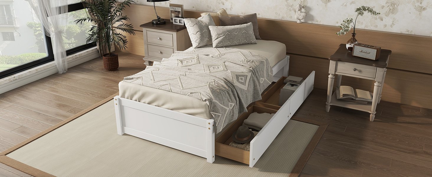 Twin Bed With 2 Drawers, Solid Wood, No Box Spring Needed - White - Image 9