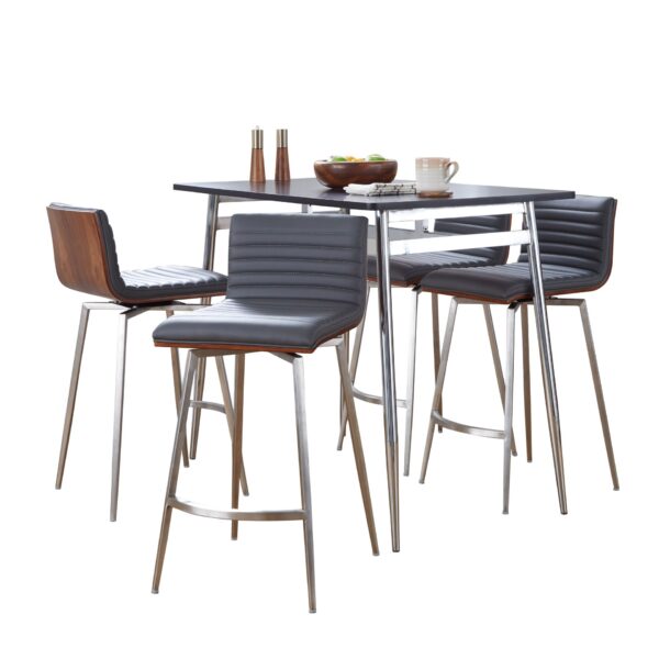 Marcel Mason - 5 Piece Swivel Contemporary Counter Height Dining Set - Chrome - Black / Walnut / Gray