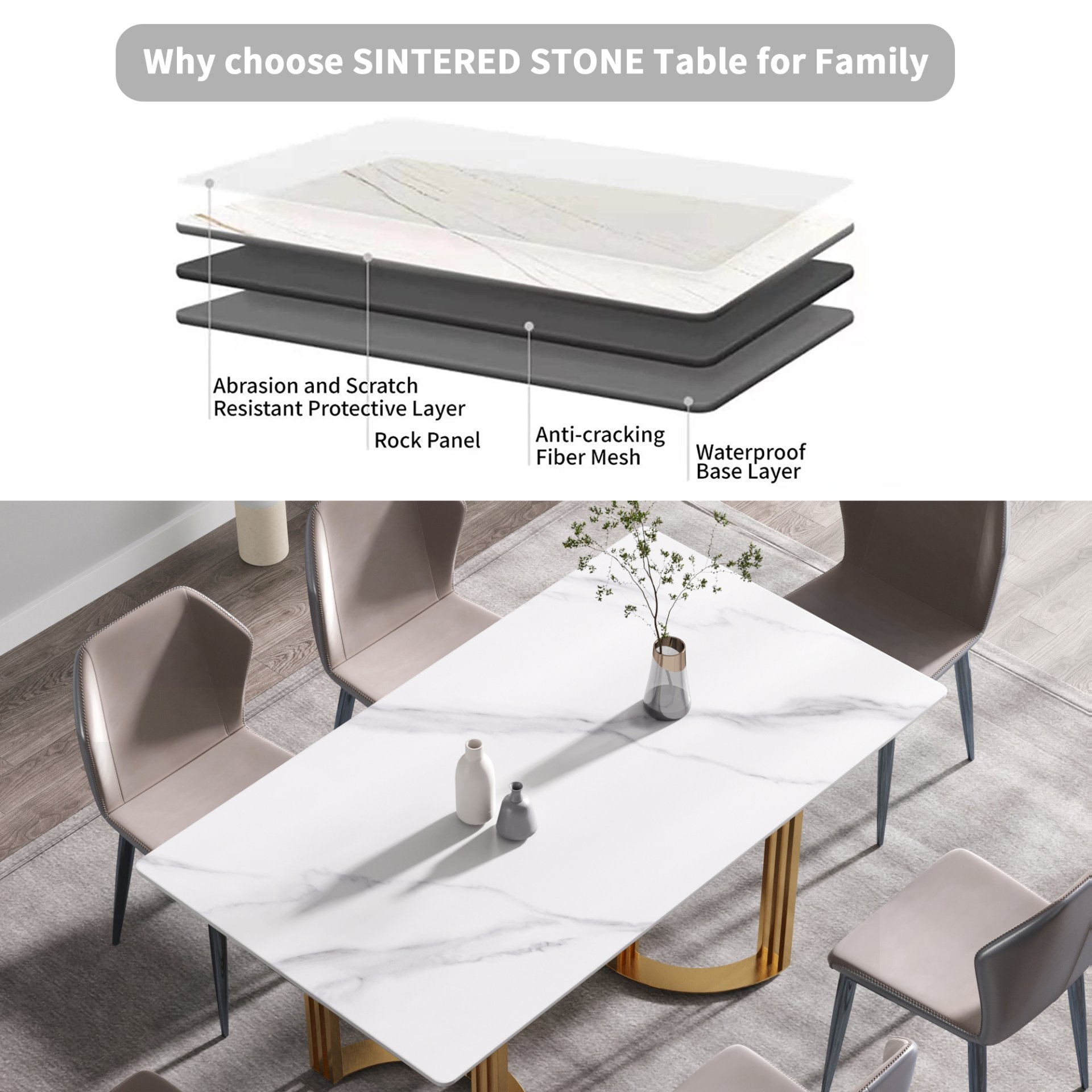 63" Modern Artificial Stone Straight Edge Metal Leg Dining Table, 6 People - White / Gold - Image 11