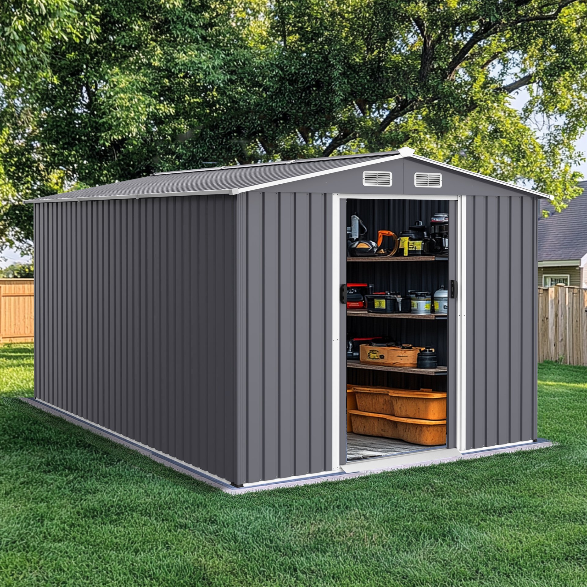 Outdoor Storage Shed 8 2 Ft Large Metal Tool Sheds Heavy Duty Storage House With Sliding Doors And Air Vent For Backyard Patio Lawn To Store Bikes Tools Lawnmowers - Gray - Image 4
