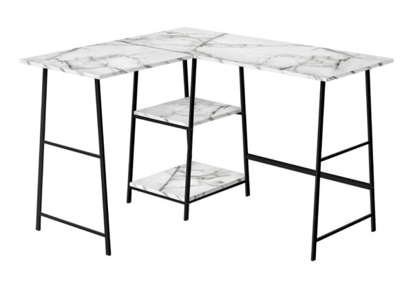 Computer Desk, Home Office, Corner, Storage Shelves, L-Shape, Work, Laptop, Marble Look Laminate, Contemporary, Modern - White