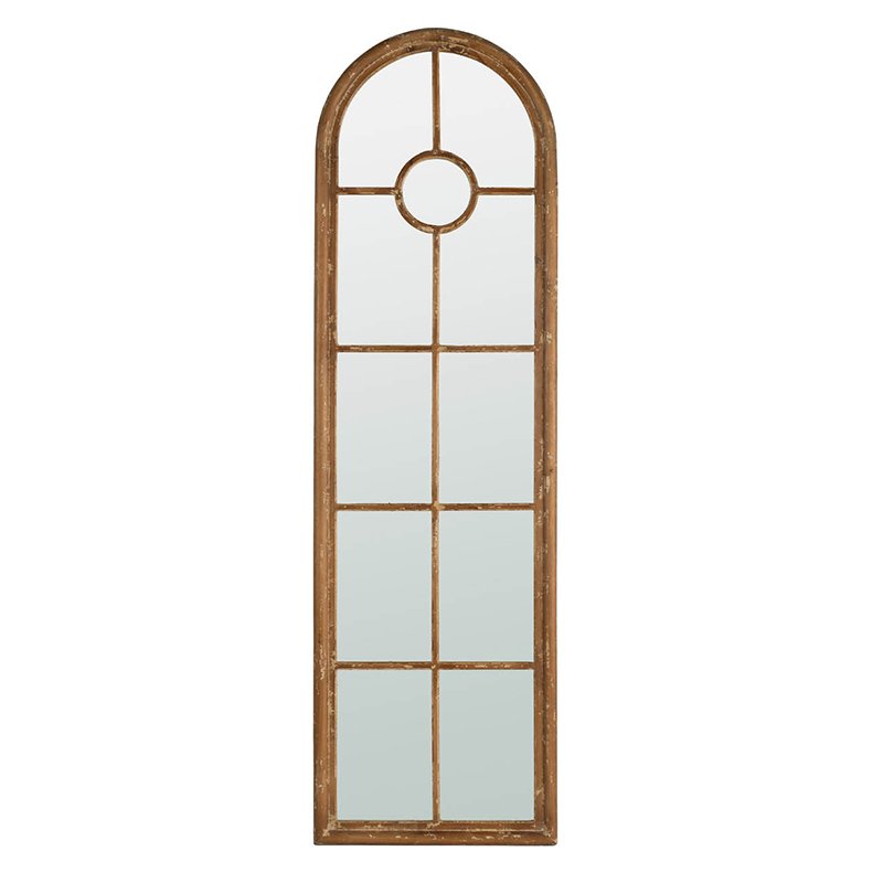 Half Round Elongated Mirror With Decorative Window Look Classic Architecture Style Solid Fir Wood Interior Decor - Brown - Image 2