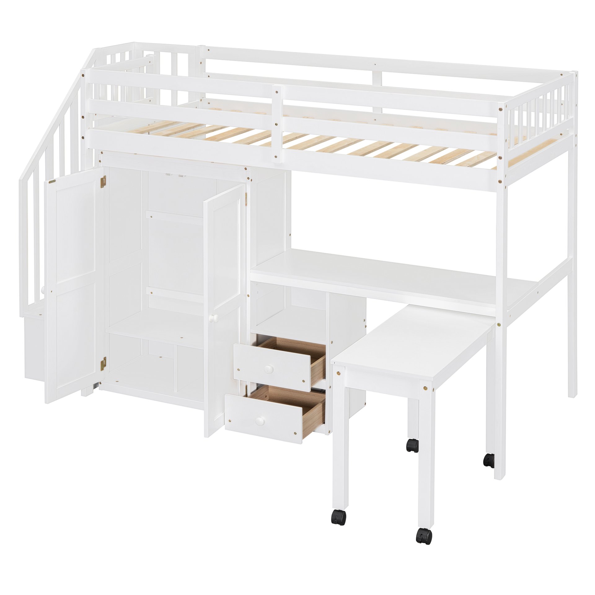 Twin Size Loft Bed With Stairs, Bookshelf, Drawers, Desk & Wardrobe, Space Saving Multifunctional Furniture - White - Image 4